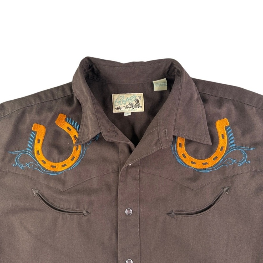 Vintage Roper Shirt Mens 2XL Brown Pearl Snap Western Rockability Horseshoe‎